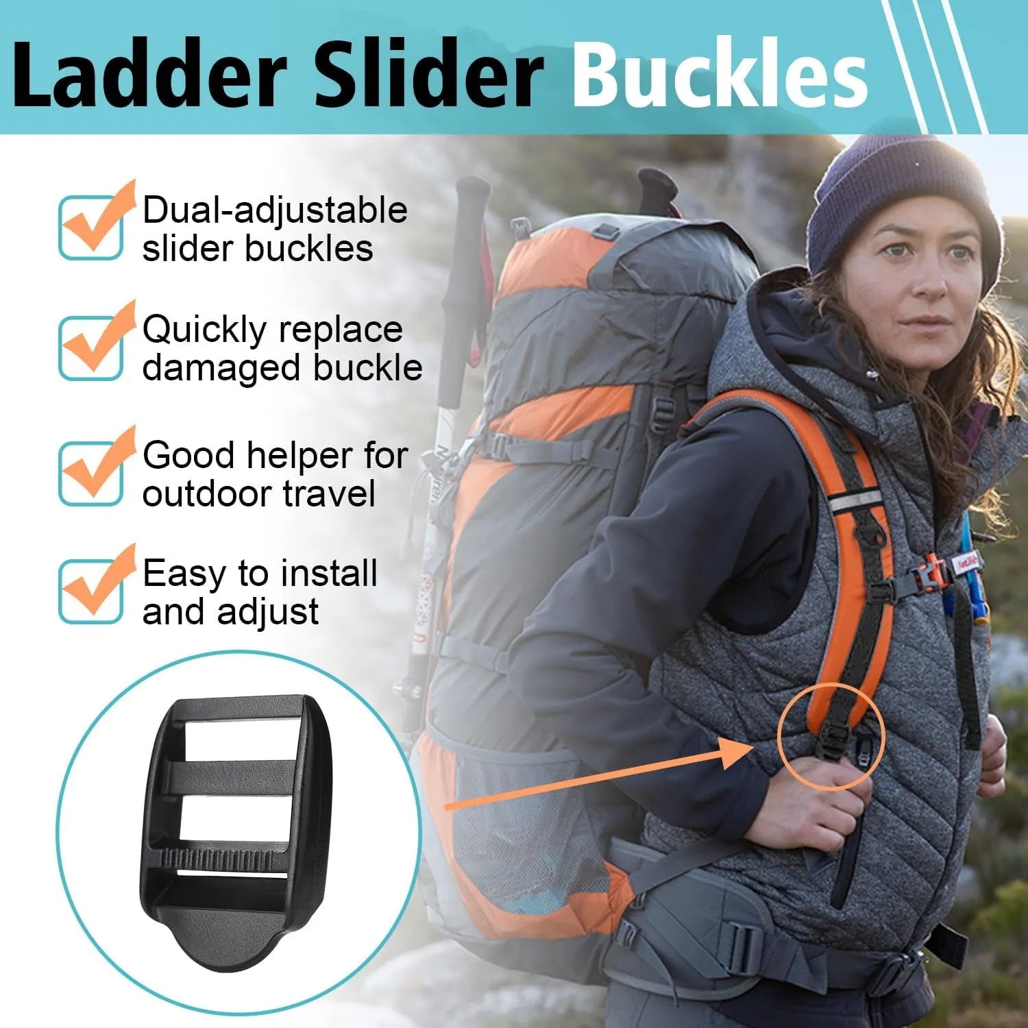 12 Pcs Ladder Slider Buckles 12 Pcs Tri Glide Slider for Backpack Strap Clips, Plastic Clips for Straps Adjuster, Backpack Clips for 1 Inch Webbing Strap.