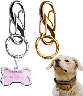 2 Pack Dog Tag Clips, Stainless Steel Double Opening Pet Tag Quick Clip with Tag Ring   Bone Shape Dog ID Tag, Metal Pet Nametag Holder for Dog Cat Collars Harnesses, Sliver&gold