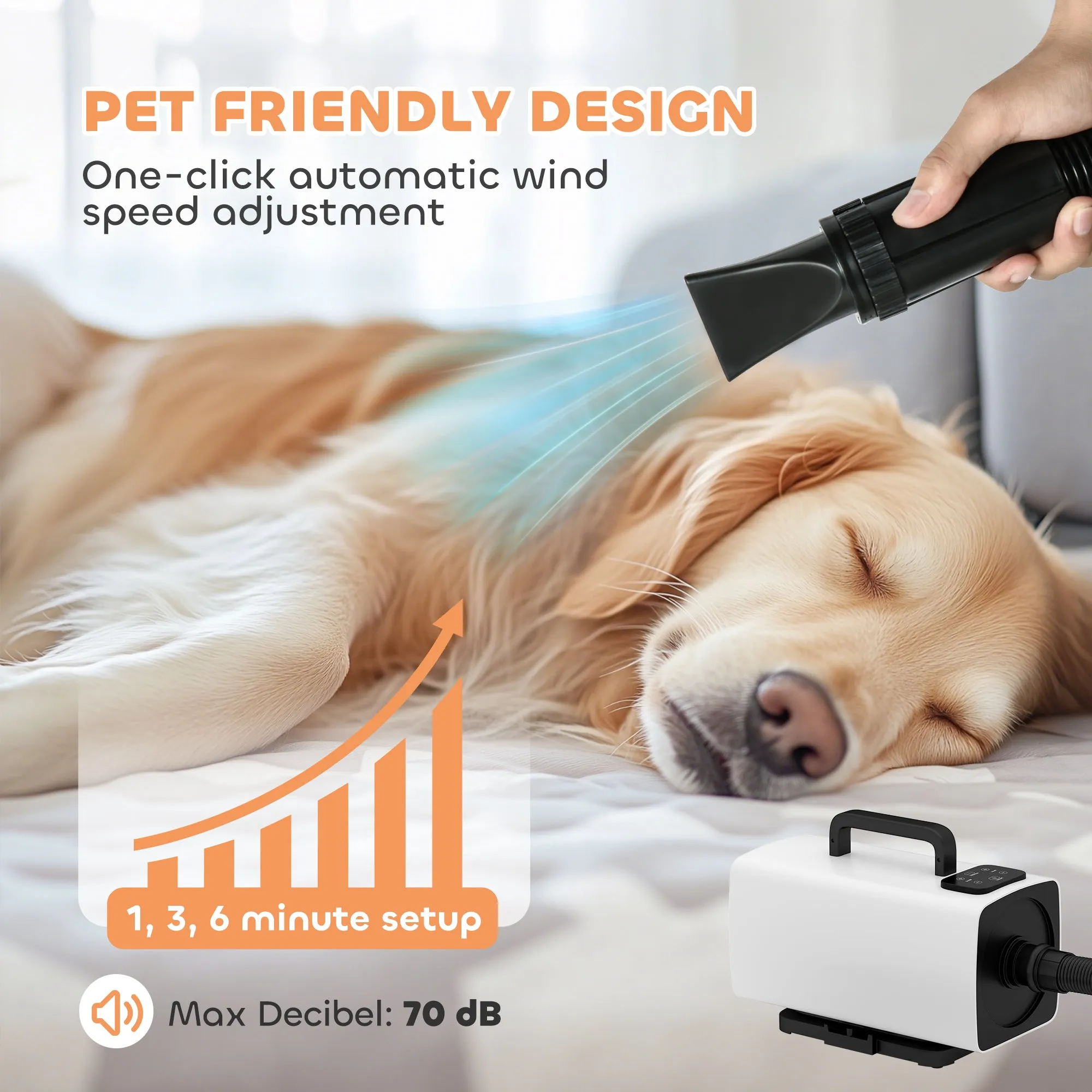 2200W Dog Hair Dryer with Auto Adjustable Temperature & Airflow, 3 Nozzles, Digital Screen, for Dogs Cats, White