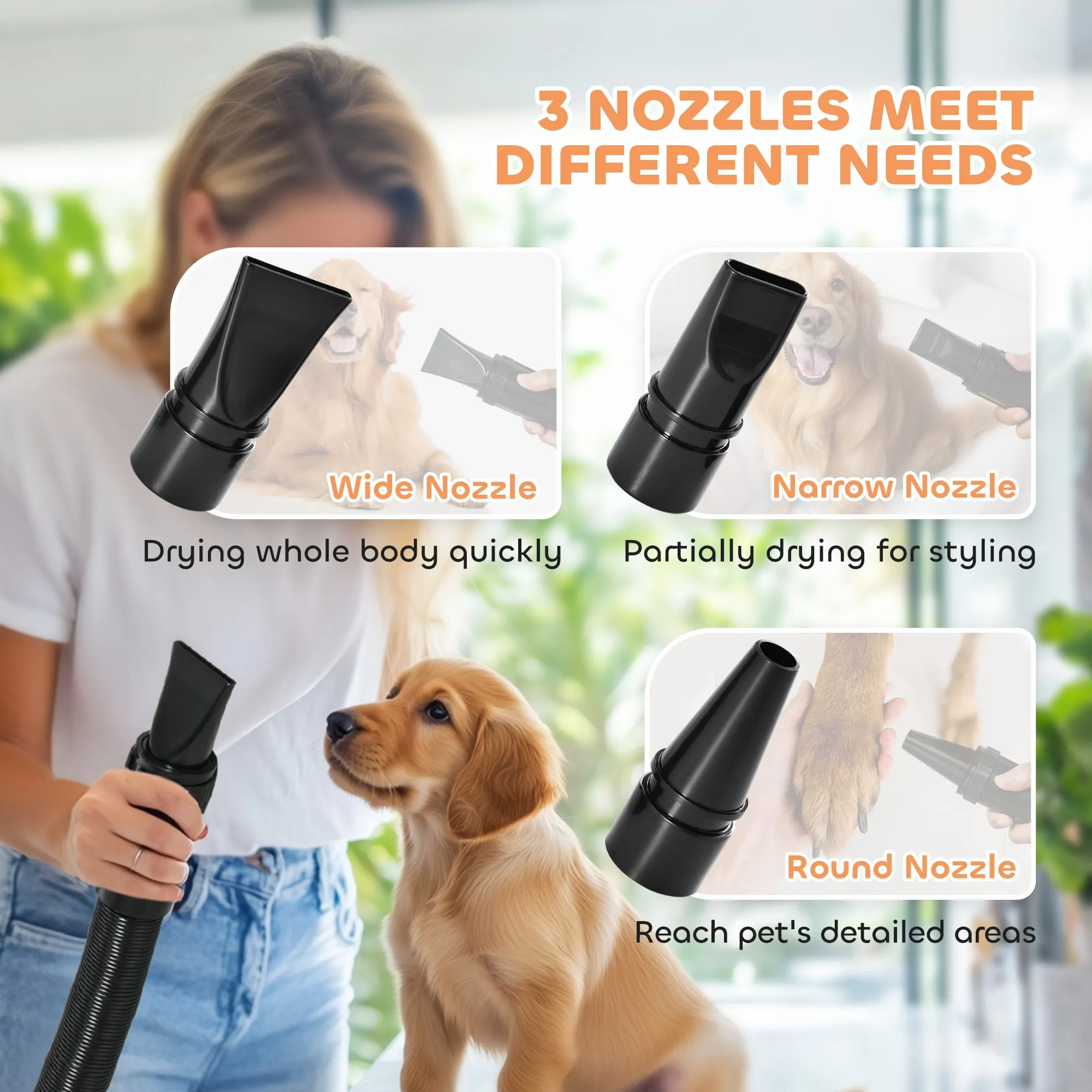 2200W Dog Hair Dryer with Auto Adjustable Temperature & Airflow, 3 Nozzles, Digital Screen, for Dogs Cats, White