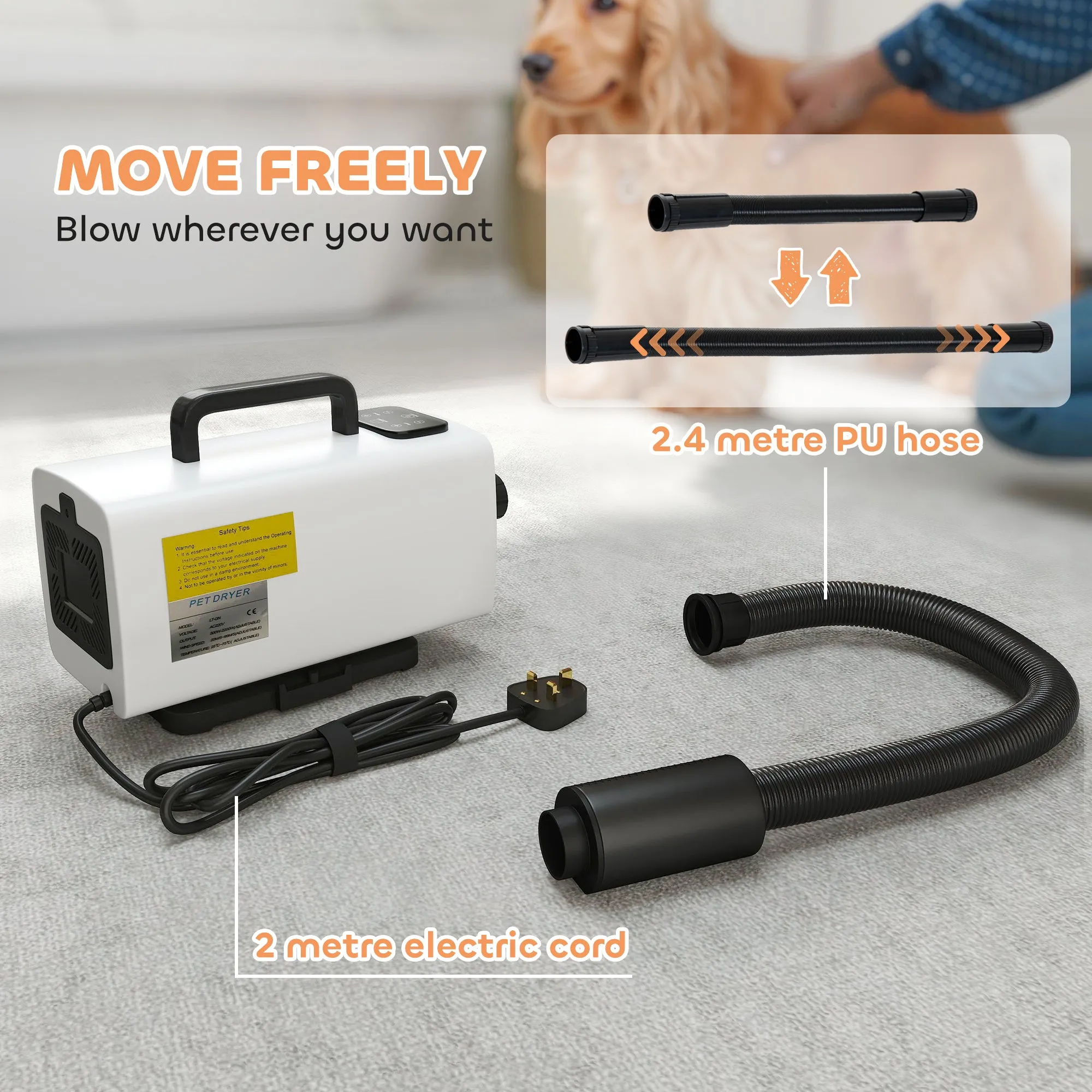 2200W Dog Hair Dryer with Auto Adjustable Temperature & Airflow, 3 Nozzles, Digital Screen, for Dogs Cats, White