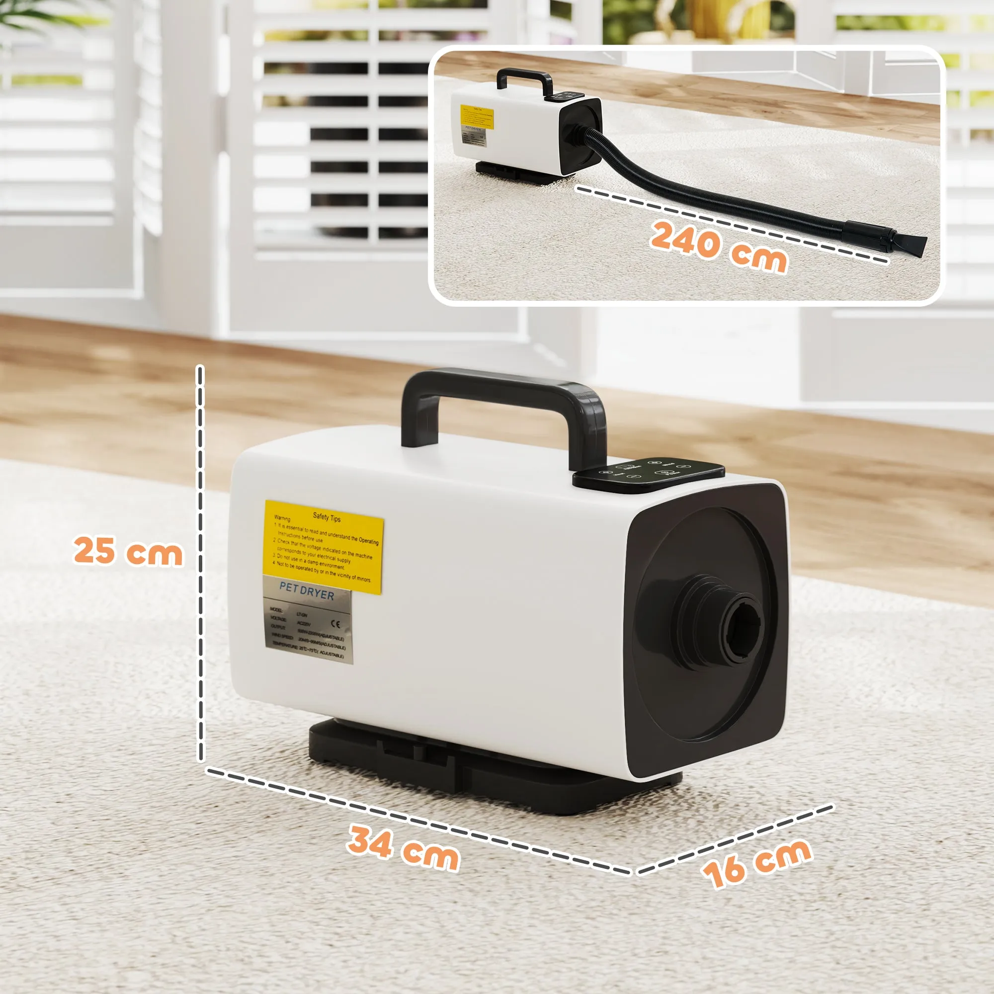 2200W Dog Hair Dryer with Auto Adjustable Temperature & Airflow, 3 Nozzles, Digital Screen, for Dogs Cats, White