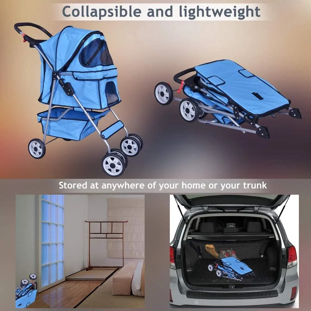 4 Wheels Pet Stroller Dog Stroller Pet Jogger Stroller Travel Lite Foldable Carrier Strolling Cart W/Cup Holders Removable Liner for Medium and Small Dog,Blue