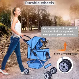 4 Wheels Pet Stroller Dog Stroller Pet Jogger Stroller Travel Lite Foldable Carrier Strolling Cart W/Cup Holders Removable Liner for Medium and Small Dog,Blue