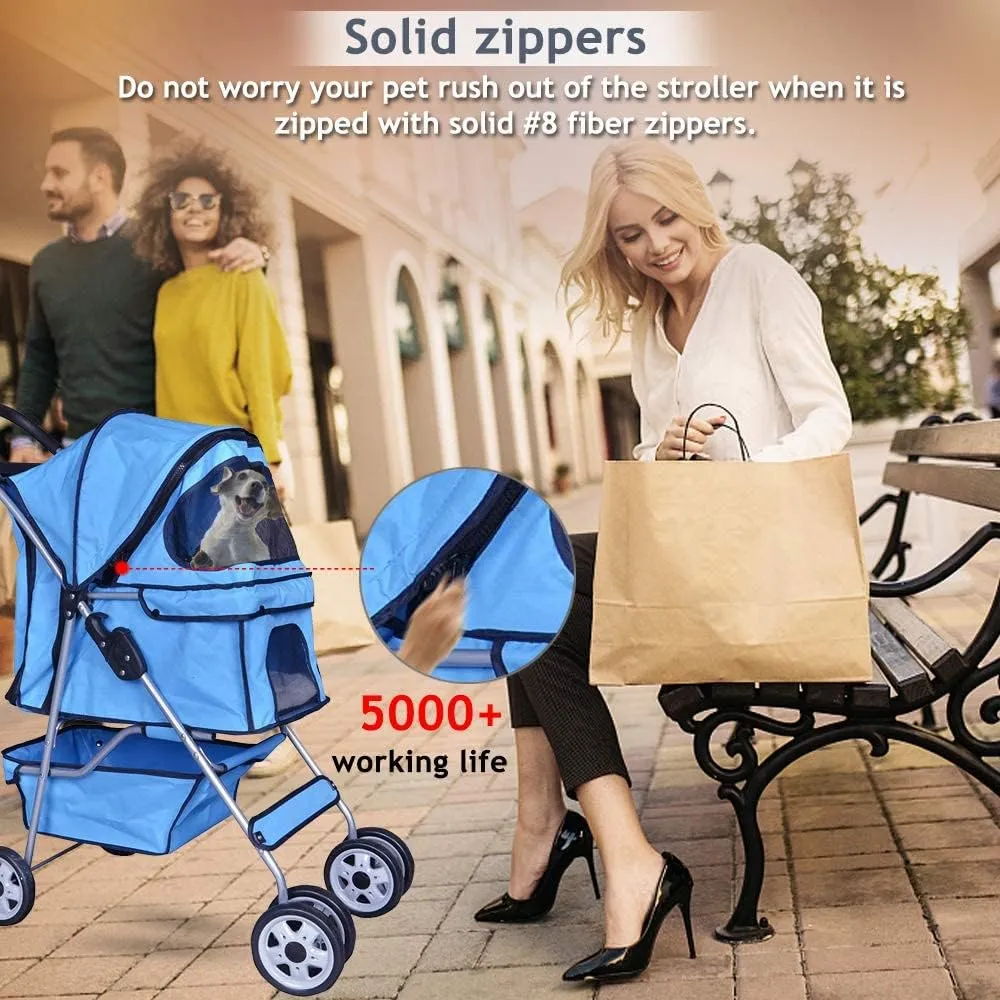 4 Wheels Pet Stroller Dog Stroller Pet Jogger Stroller Travel Lite Foldable Carrier Strolling Cart W/Cup Holders Removable Liner for Medium and Small Dog,Blue