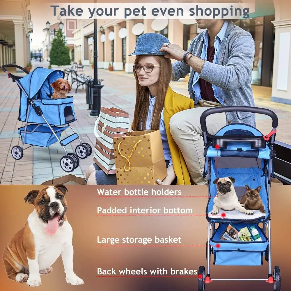 4 Wheels Pet Stroller Dog Stroller Pet Jogger Stroller Travel Lite Foldable Carrier Strolling Cart W/Cup Holders Removable Liner for Medium and Small Dog,Blue