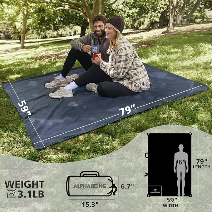 AlphaBeing Waterproof Outdoor Blanket with Merino Wool, Extra Thick Warm, Windproof, Packable Stadium Blankets for Cold Weather, Camping Gift, Pet, Car, Picnic, Concerts, 79" x 59", Navy