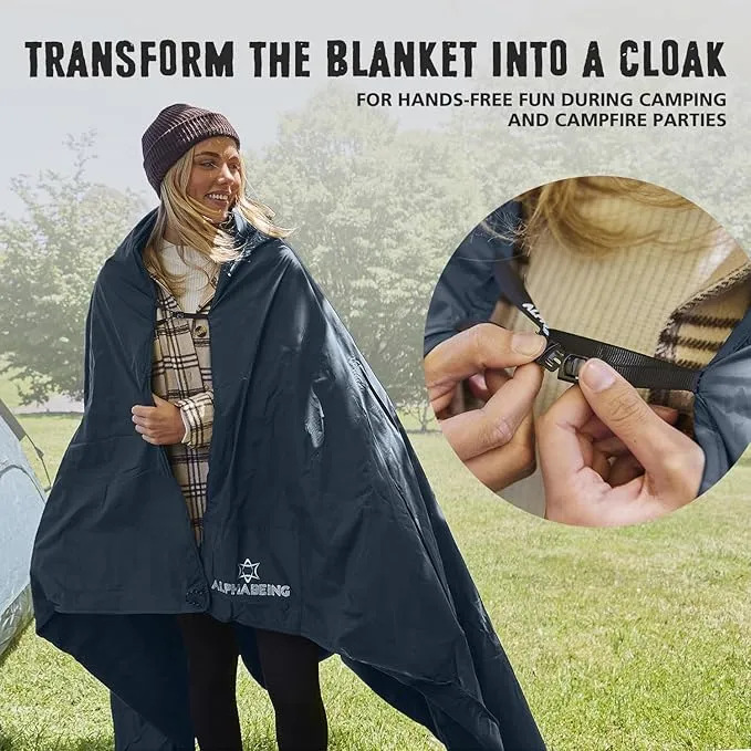 AlphaBeing Waterproof Outdoor Blanket with Merino Wool, Extra Thick Warm, Windproof, Packable Stadium Blankets for Cold Weather, Camping Gift, Pet, Car, Picnic, Concerts, 79" x 59", Navy