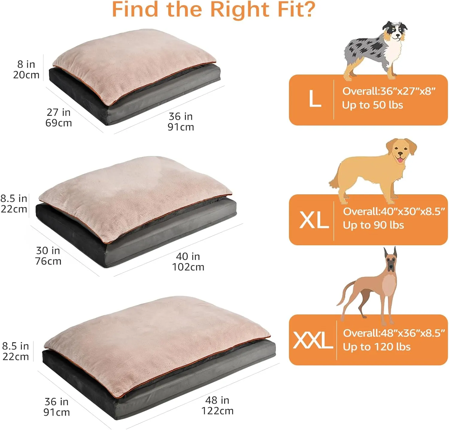 Amazon Basics Orthopedic Dog Bed for Dogs up to 90lbs, Cooling Gel Memory Foam, Non-Slip Bottom with Machine Washable Removable Cover, 40" X 30" X 8.5", Grey