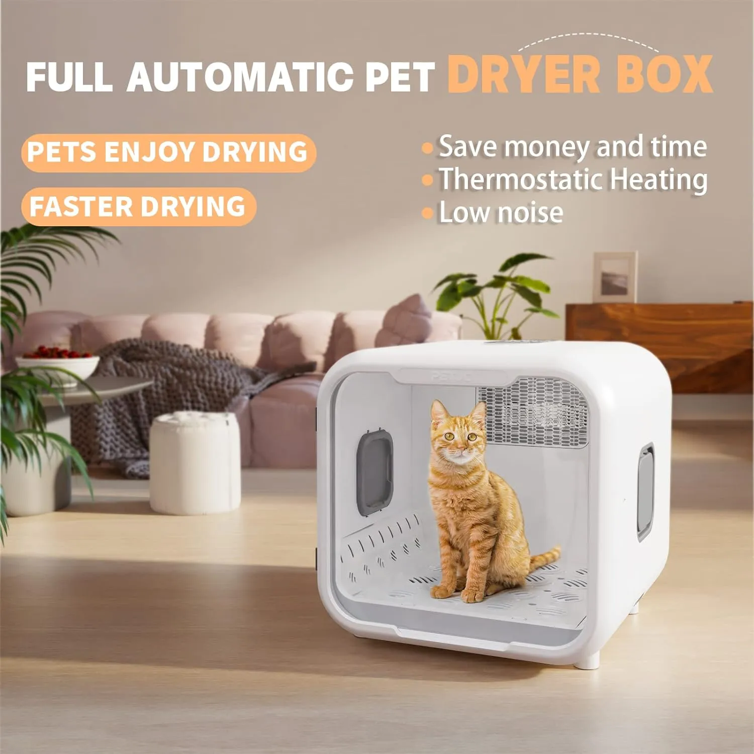 Automatic Pet Dryer Box for Cats and Small Dogs,Ultra Quiet Dog Hair Dryer 71L Capacity with Smart Temperature Control and 360 Drying (White-APP)
