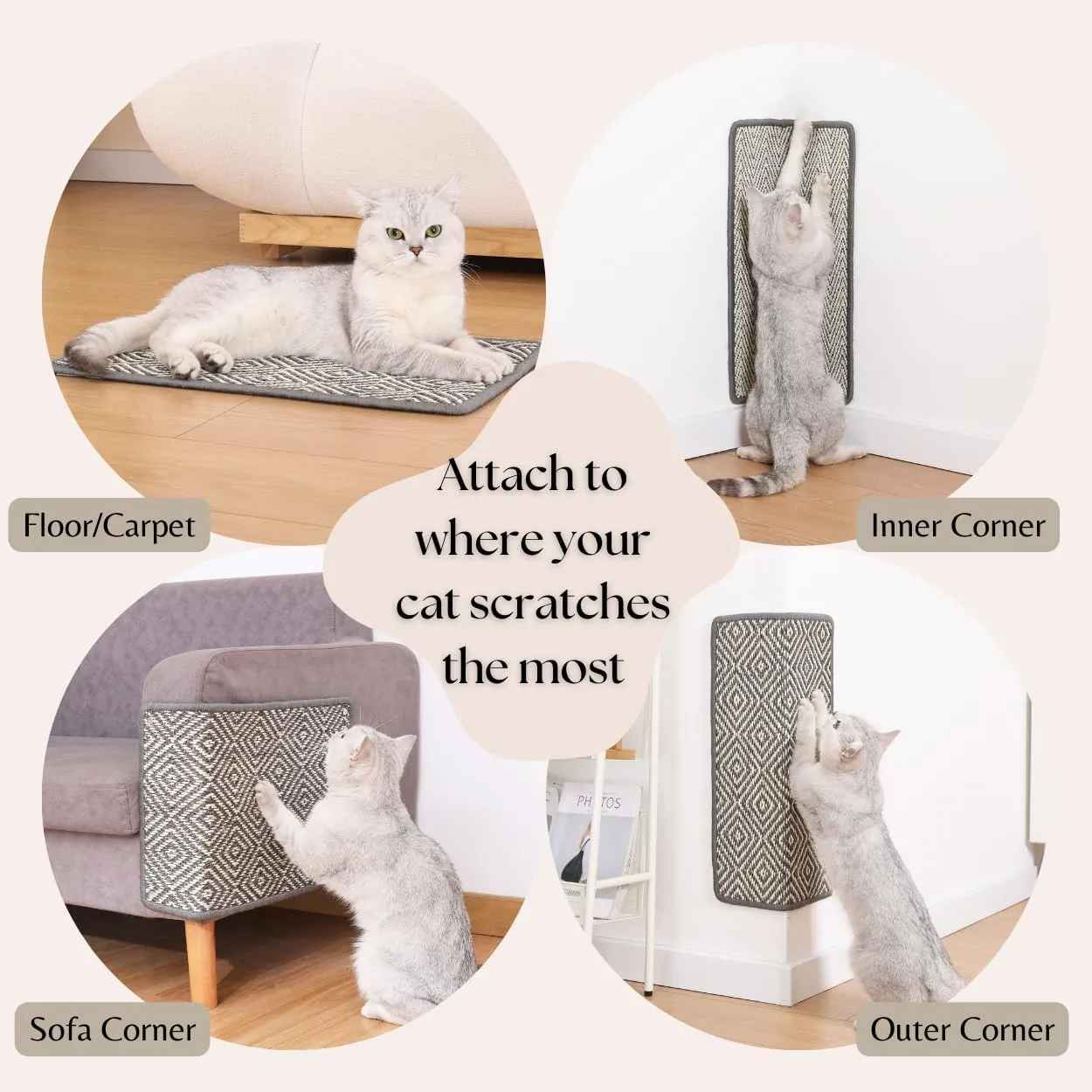 Boho Sisal Cat Scratcher Mat with Adhesive Strips (Scratch Protector for Carpet, Sofa, Wall, Corner Furniture), Durable and Shedding-Resistant Cat Scratching Surface (13x21.7 inch, Fishbone)