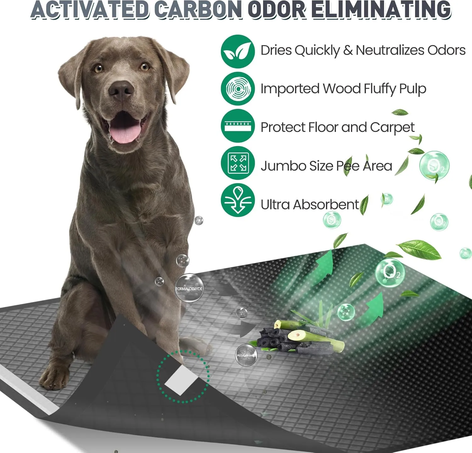Boscute Charcoal Super Absorbency Puppy Pads, Activated Carbon Odor-Control XL 28"x34" Leak-Proof Pet Training Pee Pads, Disposable Potty Pads for Dogs Cats, Rabbits 100Counts