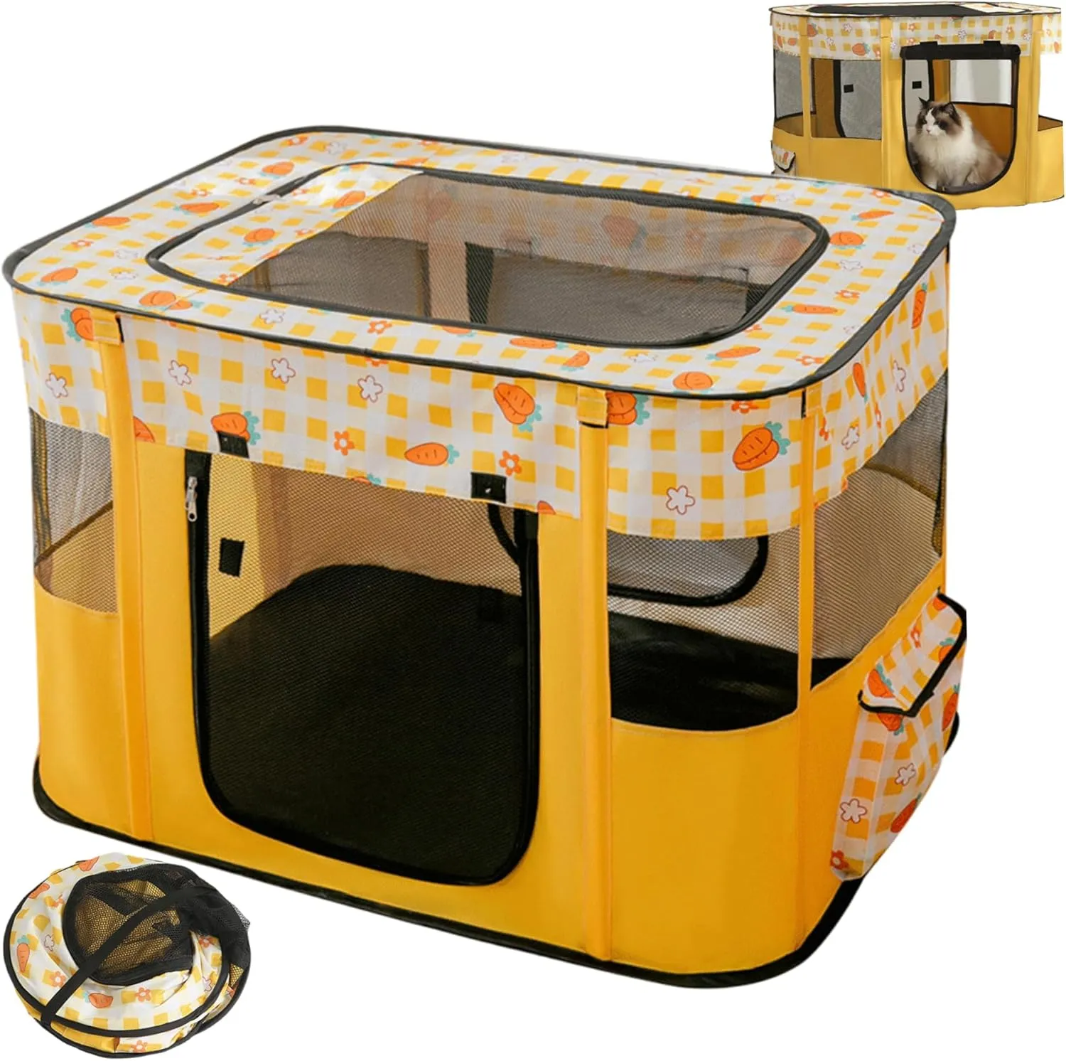 Cat Playpen Carrot Pattern Foldable Enclosed Oxford Kitten Playpen with Zippered Door, Fiberglass Support & Breathable Mesh for Indoor Cat, Parturition, Rest, M