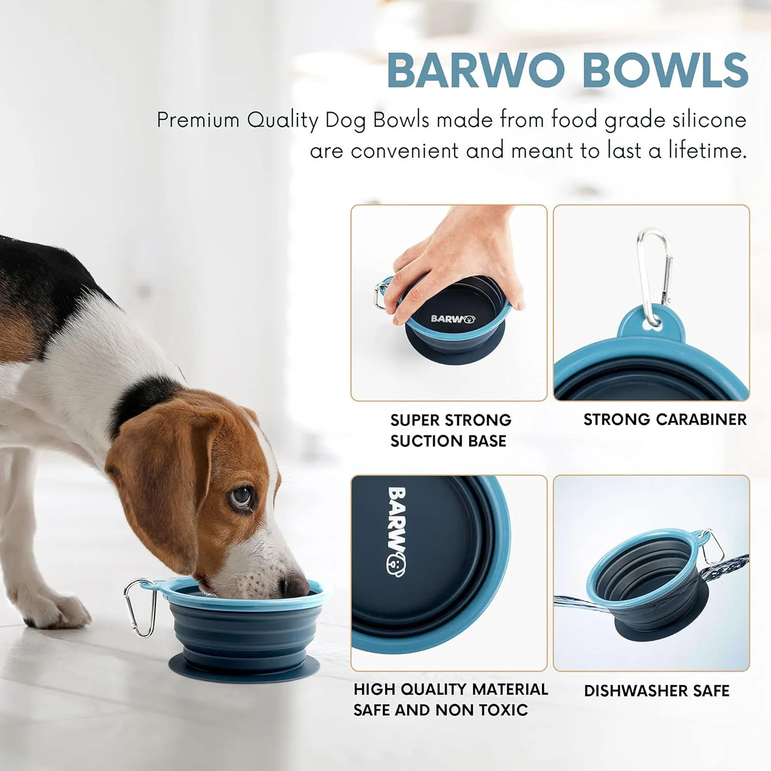 Collapsible Dog Bowl with Non Skid Suction Base -100% Pure Silicone Foldable Water Bowl, Portable Dog Bowl for Travel, Hiking & Camping 350mL 1 Piece