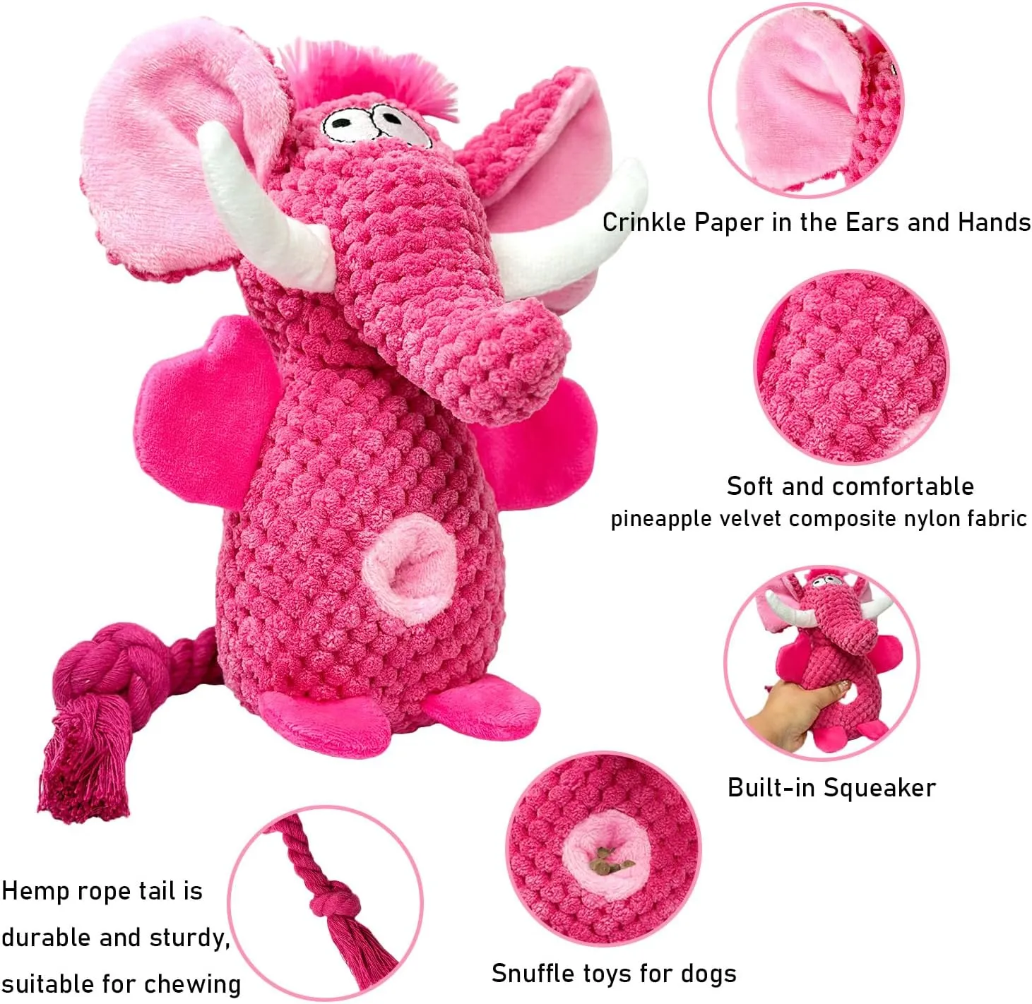 Cute Plush Elephant Dog Toy with Squeaky Sound & Crinkle Paper - Perfect for Small, Medium & Large Dogs (Pink)