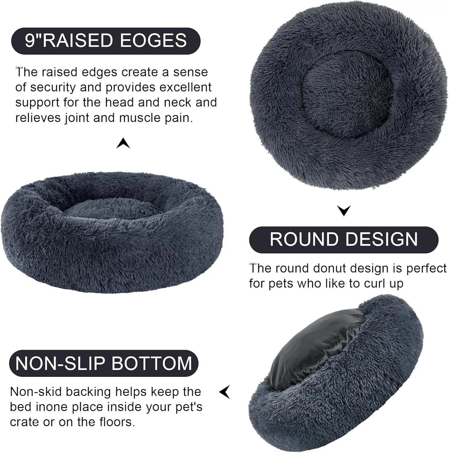 Dog Calming Beds for Small Medium Large Dogs - Round Donut Washable Puppy Dog Bed, Anti-Slip Faux Fur Fluffy Donut Cuddle Anxiety Cat Pet Bed(28" Dark Grey)