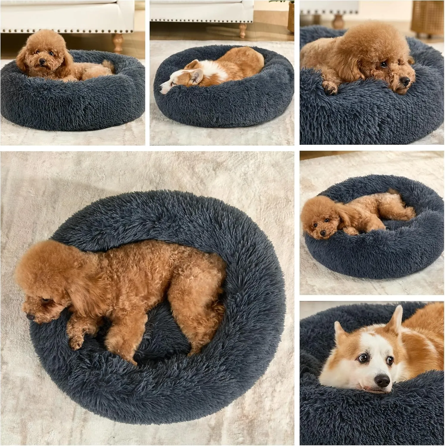 Dog Calming Beds for Small Medium Large Dogs - Round Donut Washable Puppy Dog Bed, Anti-Slip Faux Fur Fluffy Donut Cuddle Anxiety Cat Pet Bed(28" Dark Grey)