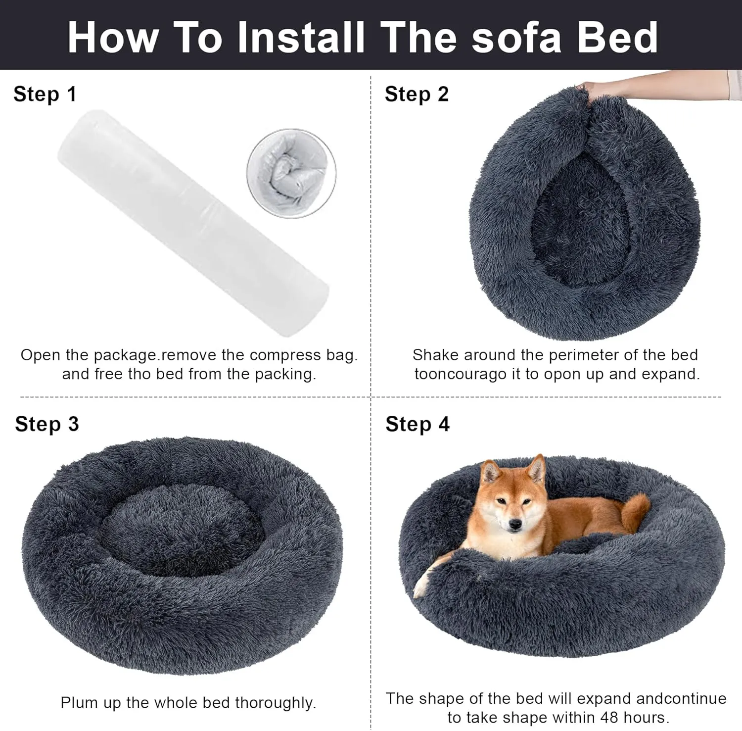 Dog Calming Beds for Small Medium Large Dogs - Round Donut Washable Puppy Dog Bed, Anti-Slip Faux Fur Fluffy Donut Cuddle Anxiety Cat Pet Bed(28" Dark Grey)