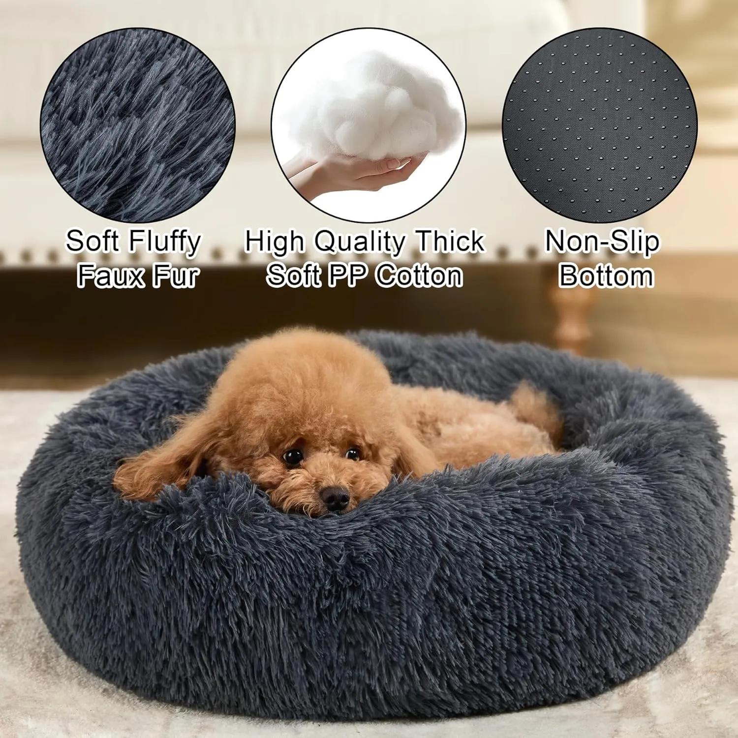 Dog Calming Beds for Small Medium Large Dogs - Round Donut Washable Puppy Dog Bed, Anti-Slip Faux Fur Fluffy Donut Cuddle Anxiety Cat Pet Bed(28" Dark Grey)
