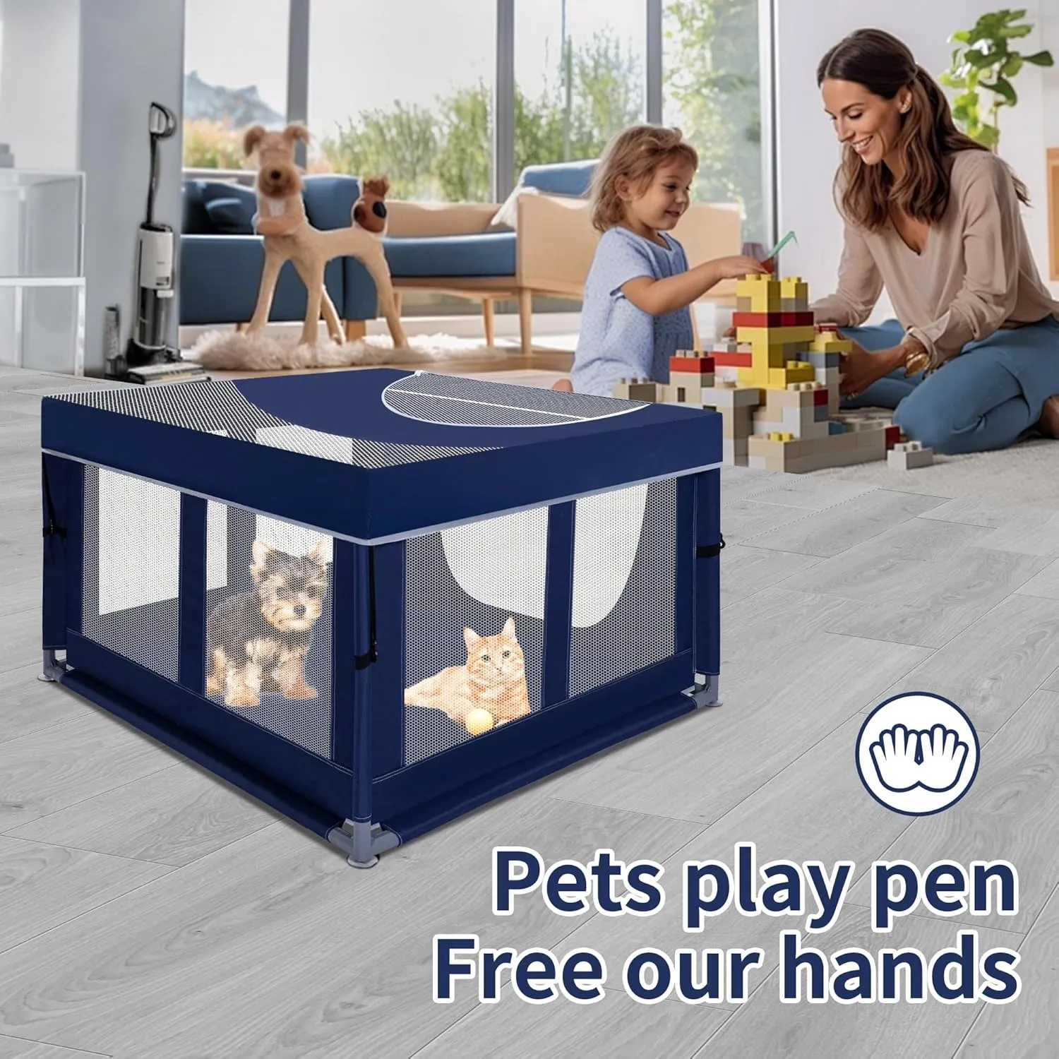 Dog Kitten Playpen with Play Pen Cover for Cat Indoor, 42x42 x25.5 Puppy Playpen for Small Pet with See-Through Topper Proof Enclosed Door Dog Pen, Sturdy Warm Protable Play Pen for Cat
