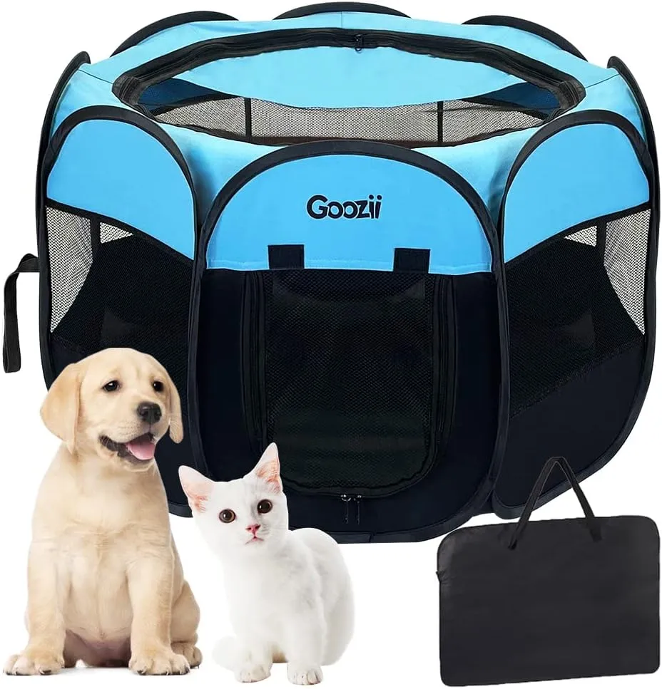 Dog Playpen Portable Collapsible, Indoor Outdoor Pet Puppy Exercise Playpens Case with Zipper Door Top Cover Floor for Large Cat Rabbit Travel Camping (Small Size, Black/Blue)