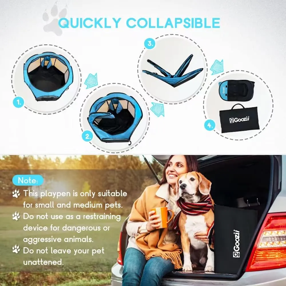 Dog Playpen Portable Collapsible, Indoor Outdoor Pet Puppy Exercise Playpens Case with Zipper Door Top Cover Floor for Large Cat Rabbit Travel Camping (Small Size, Black/Blue)
