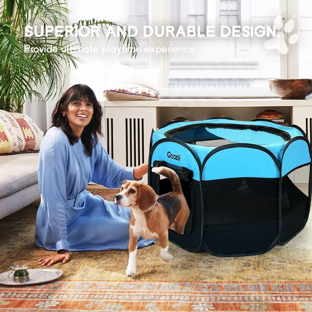 Dog Playpen Portable Collapsible, Indoor Outdoor Pet Puppy Exercise Playpens Case with Zipper Door Top Cover Floor for Large Cat Rabbit Travel Camping (Small Size, Black/Blue)