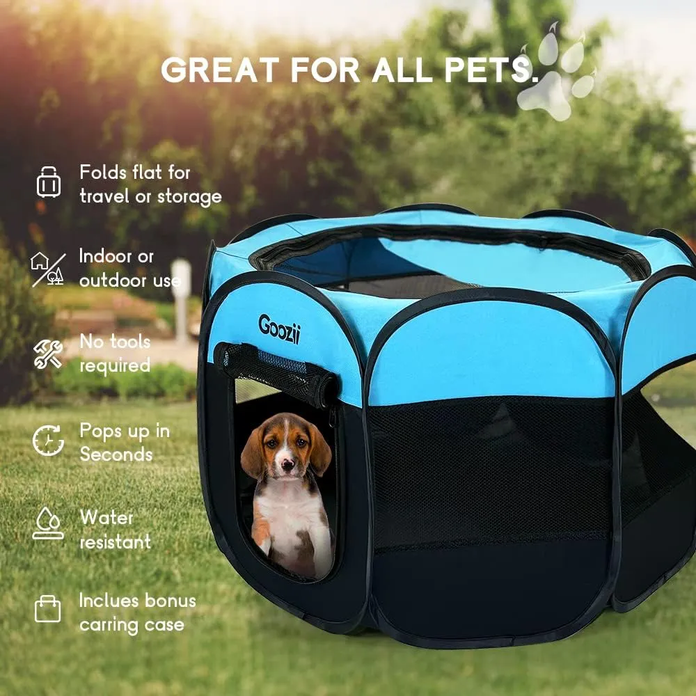 Dog Playpen Portable Collapsible, Indoor Outdoor Pet Puppy Exercise Playpens Case with Zipper Door Top Cover Floor for Large Cat Rabbit Travel Camping (Small Size, Black/Blue)