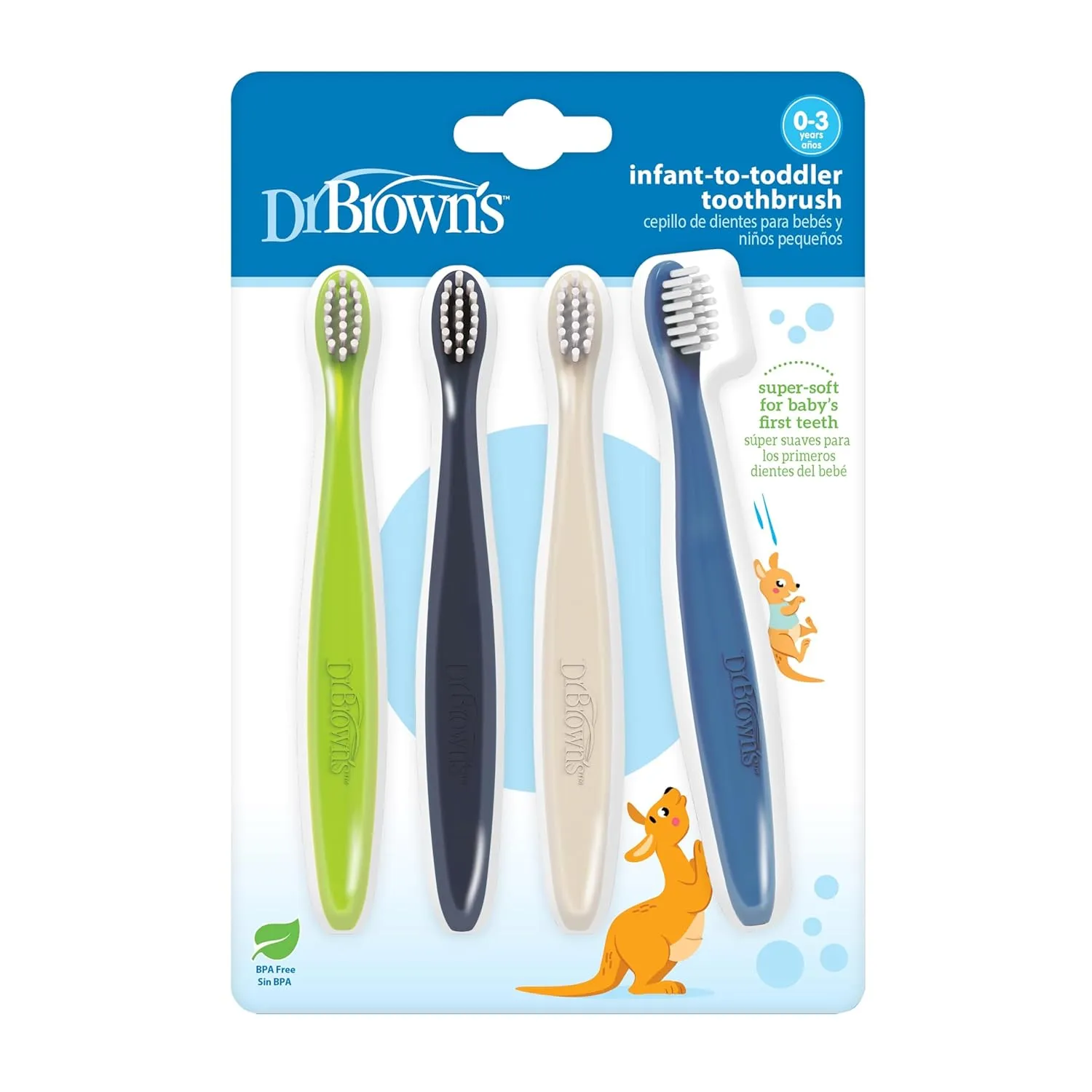 Dr. Brown's Infant-to-Toddler Toothbrush Set, Soft & Gentle Manual Toothbrushes for Baby, Green/Dark Blue/Ecru/Blue, BPA Free, 0-3 Years  4-Pack