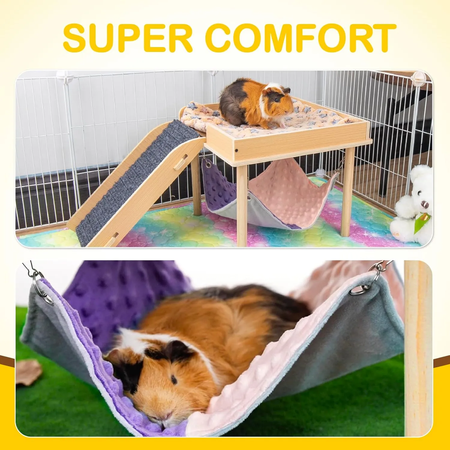Enlarged Guinea Pig Hammock with Platform and Stairs,Wooden Small Animal Hideout for Guinea Pigs Bunny Ferret Hamster Hiding Sleeping Activities(Single)