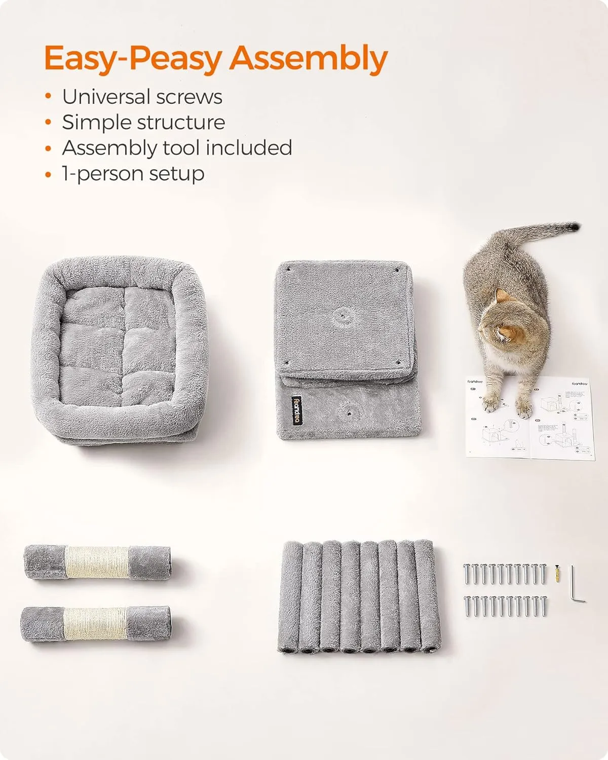 Feandrea Cat Tree, 26.4-Inch Cat Tower, S, Cat Condo for Kittens up to 7 lb, Large Cat Perch, 2 Cat Caves, Scratching Post, Light Gray UPCT611W01