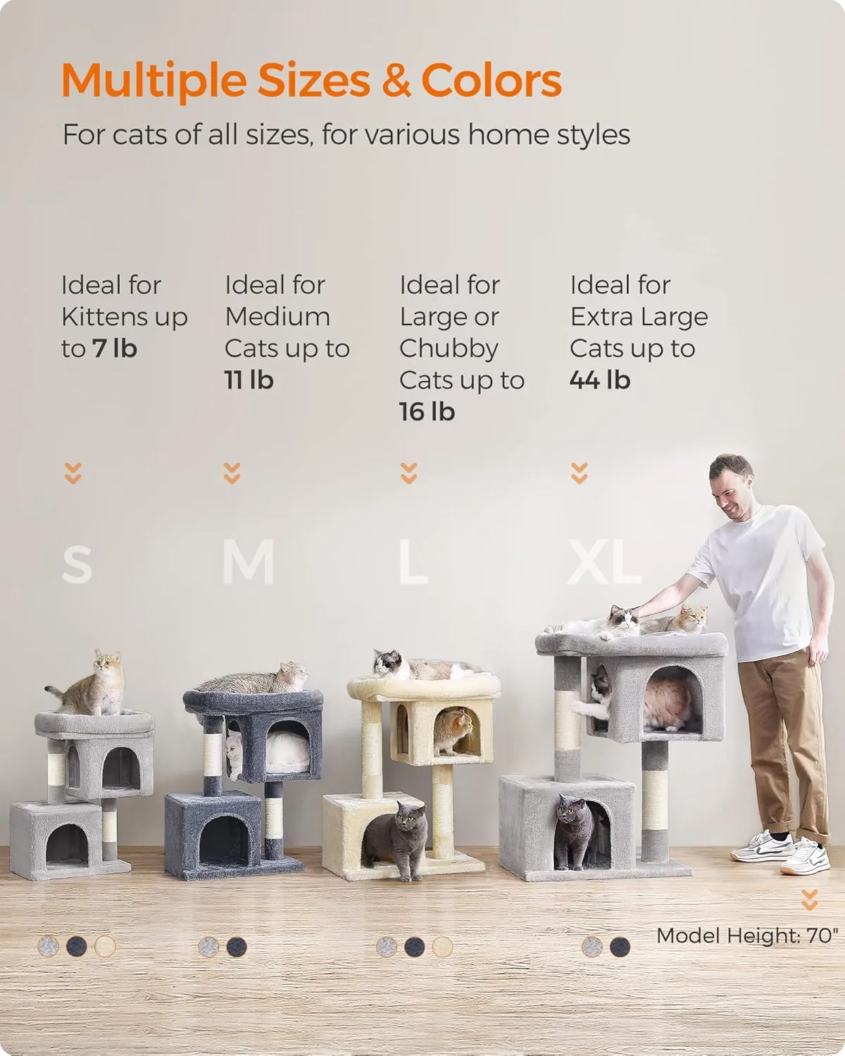 Feandrea Cat Tree, 26.4-Inch Cat Tower, S, Cat Condo for Kittens up to 7 lb, Large Cat Perch, 2 Cat Caves, Scratching Post, Light Gray UPCT611W01