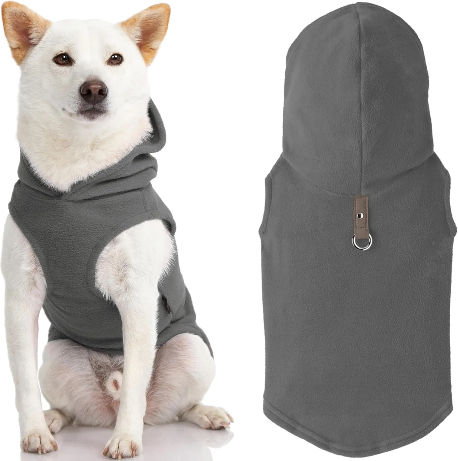 Gooby Fleece Vest Hoodie Dog Sweater - Gray, Large - Warm Pullover Dog Hoodie with O-Ring Leash for Small to Medium Dogs