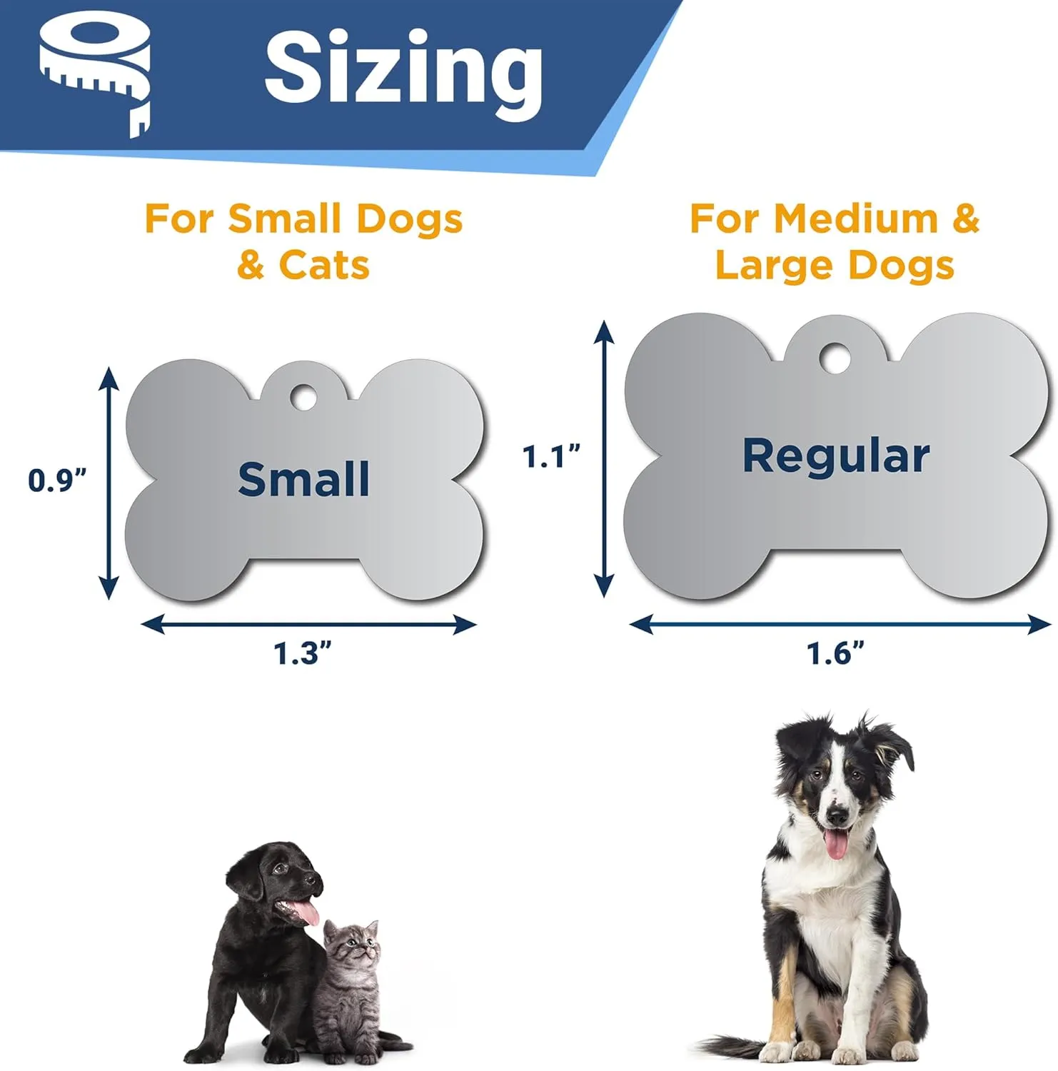 GoTags Stainless Steel Pet ID Tags with Paw Cutout, Personalized Dog Tags and Cat Tags, up to 6 Lines of Custom Text, Engraved on Both Sides in Bone, Round, and Heart (Bone, Regular)