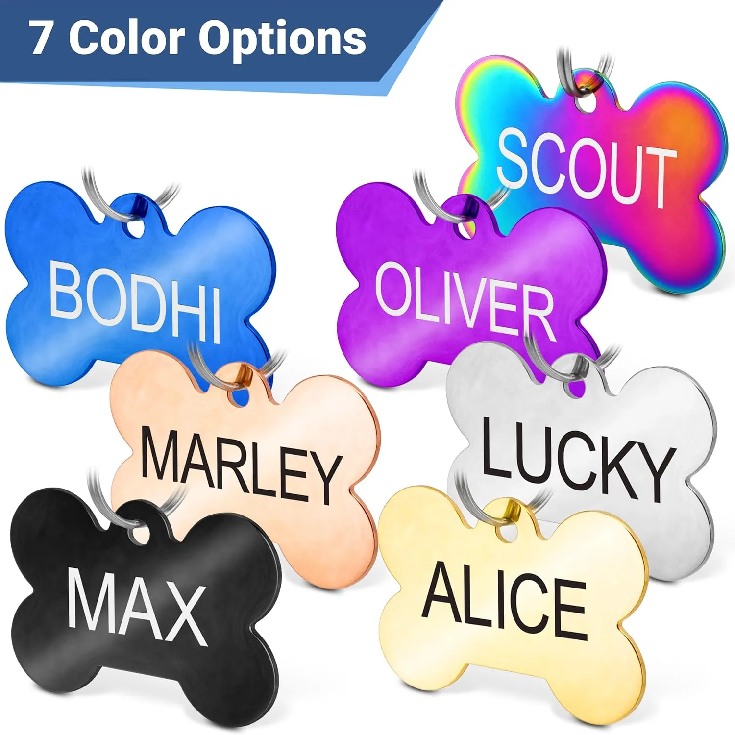 GoTags Stainless Steel Pet ID Tags with Paw Cutout, Personalized Dog Tags and Cat Tags, up to 6 Lines of Custom Text, Engraved on Both Sides in Bone, Round, and Heart (Bone, Regular)