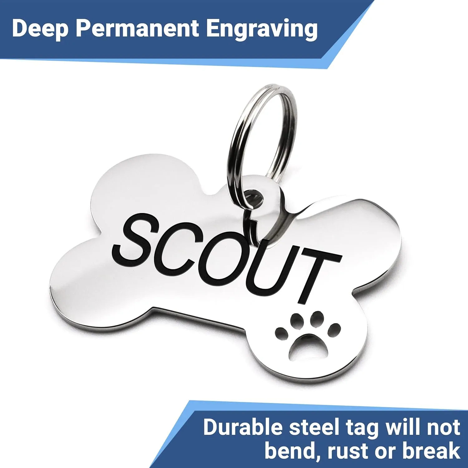 GoTags Stainless Steel Pet ID Tags with Paw Cutout, Personalized Dog Tags and Cat Tags, up to 6 Lines of Custom Text, Engraved on Both Sides in Bone, Round, and Heart (Bone, Regular)