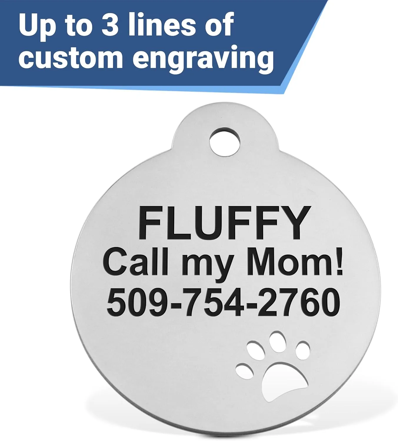 GoTags Stainless Steel Pet ID Tags with Paw Cutout, Personalized Dog Tags and Cat Tags, up to 6 Lines of Custom Text, Engraved on Both Sides in Bone, Round, and Heart (Bone, Regular)