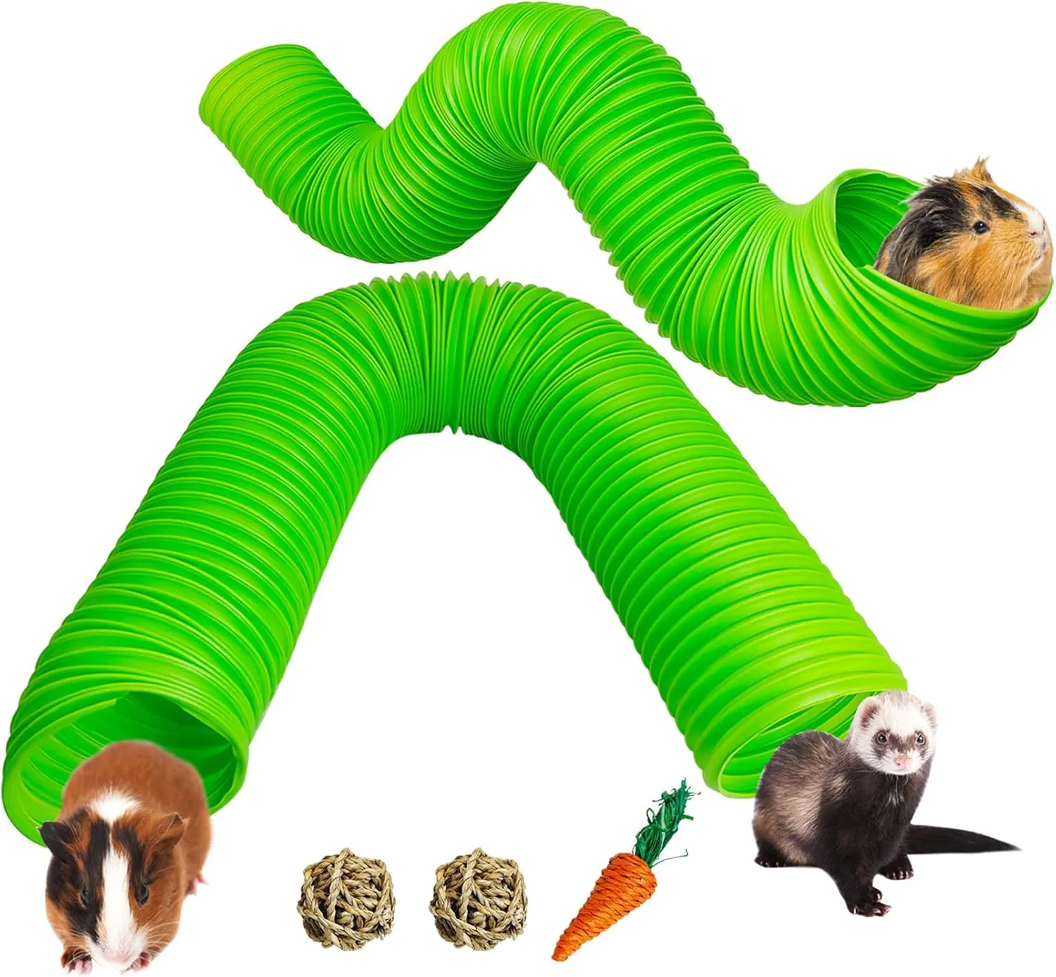 Hamiledyi 2 Pack Hamster Fun Tunnels, Guinea Pigs Plastic Tube, Hamsters Foldable Exercising Training Hideout Tunnel & 2 Pack Grass Balls, Small Animals Toys for Chinchillas Gerbils Ferrets(Green)