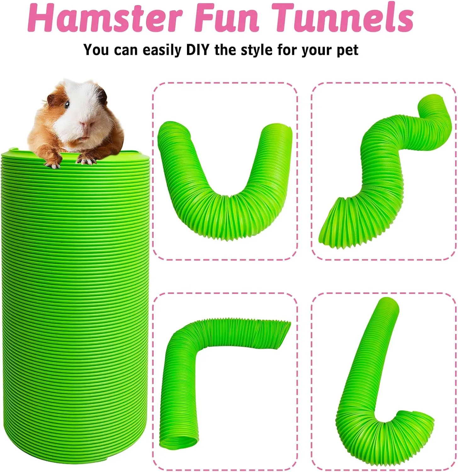 Hamiledyi 2 Pack Hamster Fun Tunnels, Guinea Pigs Plastic Tube, Hamsters Foldable Exercising Training Hideout Tunnel & 2 Pack Grass Balls, Small Animals Toys for Chinchillas Gerbils Ferrets(Green)