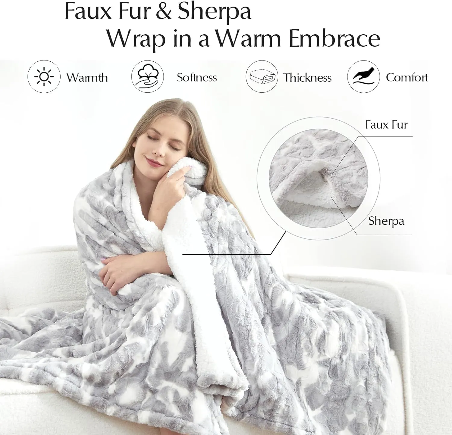 Heated Blanket Faux Fur & Sherpa Twin Size, Safe Electric Blanket ETL & FCC Certified, Soft Warm 6 Heating Levels & 10 Hours Auto-Off, Machine Washable, 62"x84" Light Grey & White Pattern