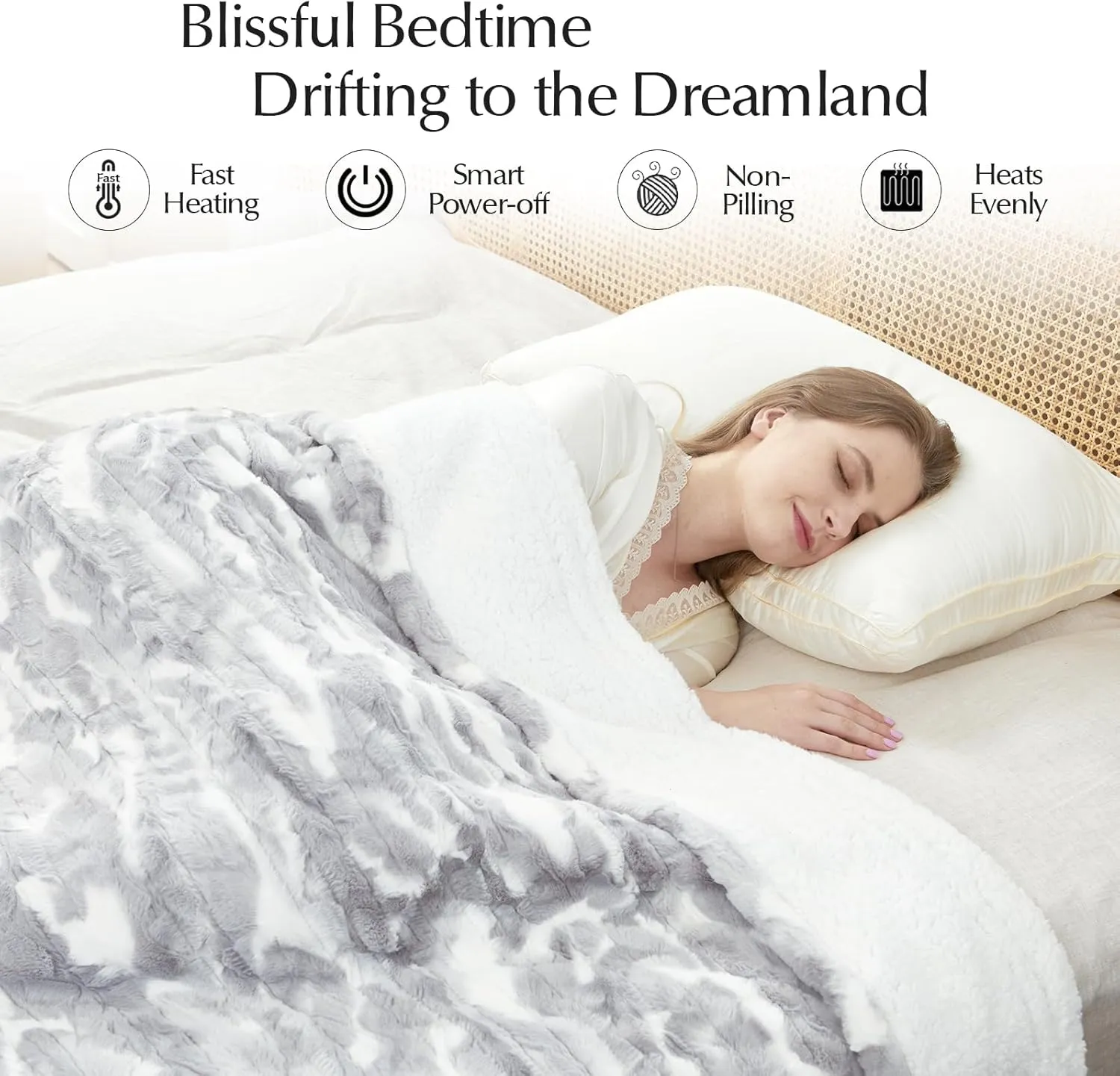 Heated Blanket Faux Fur & Sherpa Twin Size, Safe Electric Blanket ETL & FCC Certified, Soft Warm 6 Heating Levels & 10 Hours Auto-Off, Machine Washable, 62"x84" Light Grey & White Pattern