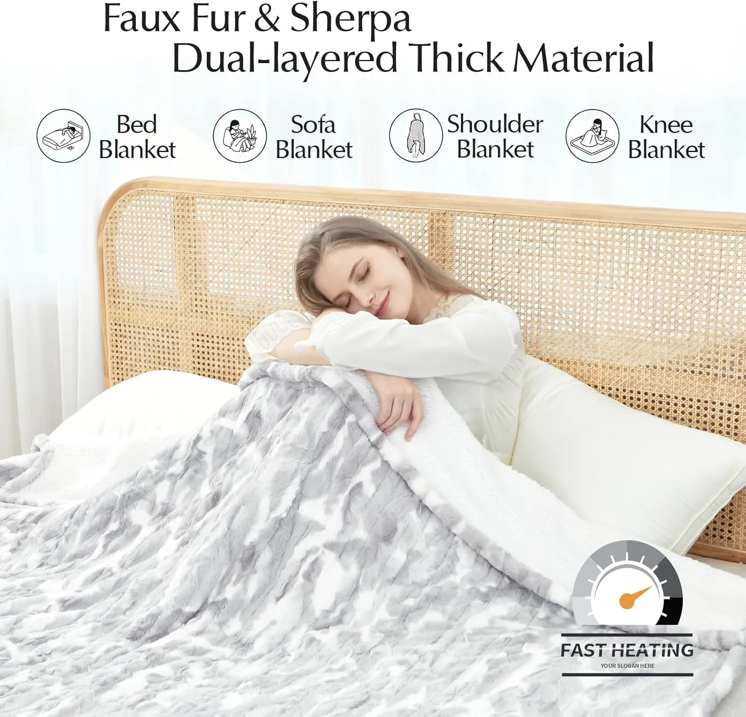 Heated Blanket Faux Fur & Sherpa Twin Size, Safe Electric Blanket ETL & FCC Certified, Soft Warm 6 Heating Levels & 10 Hours Auto-Off, Machine Washable, 62"x84" Light Grey & White Pattern