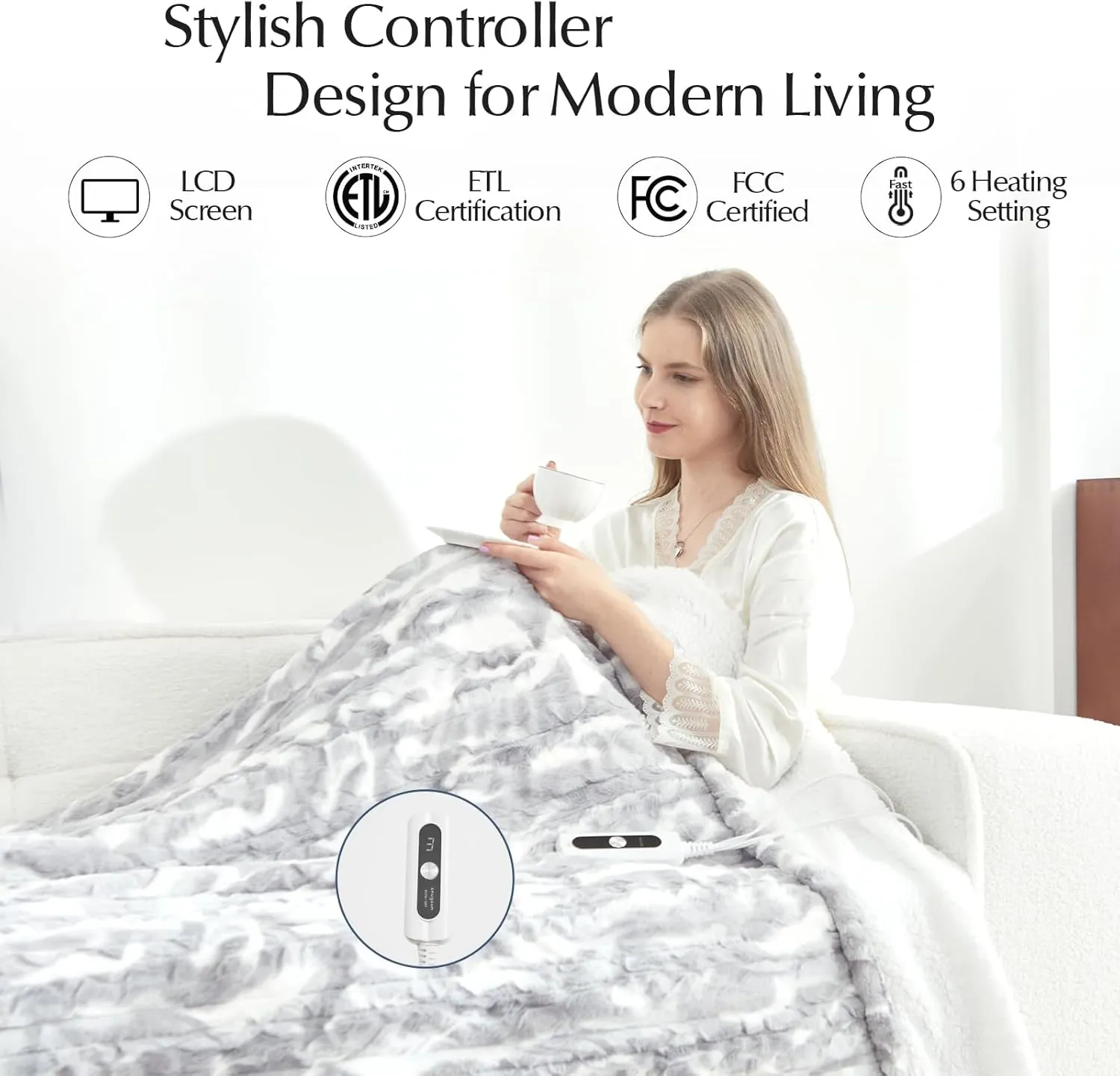 Heated Blanket Faux Fur & Sherpa Twin Size, Safe Electric Blanket ETL & FCC Certified, Soft Warm 6 Heating Levels & 10 Hours Auto-Off, Machine Washable, 62"x84" Light Grey & White Pattern