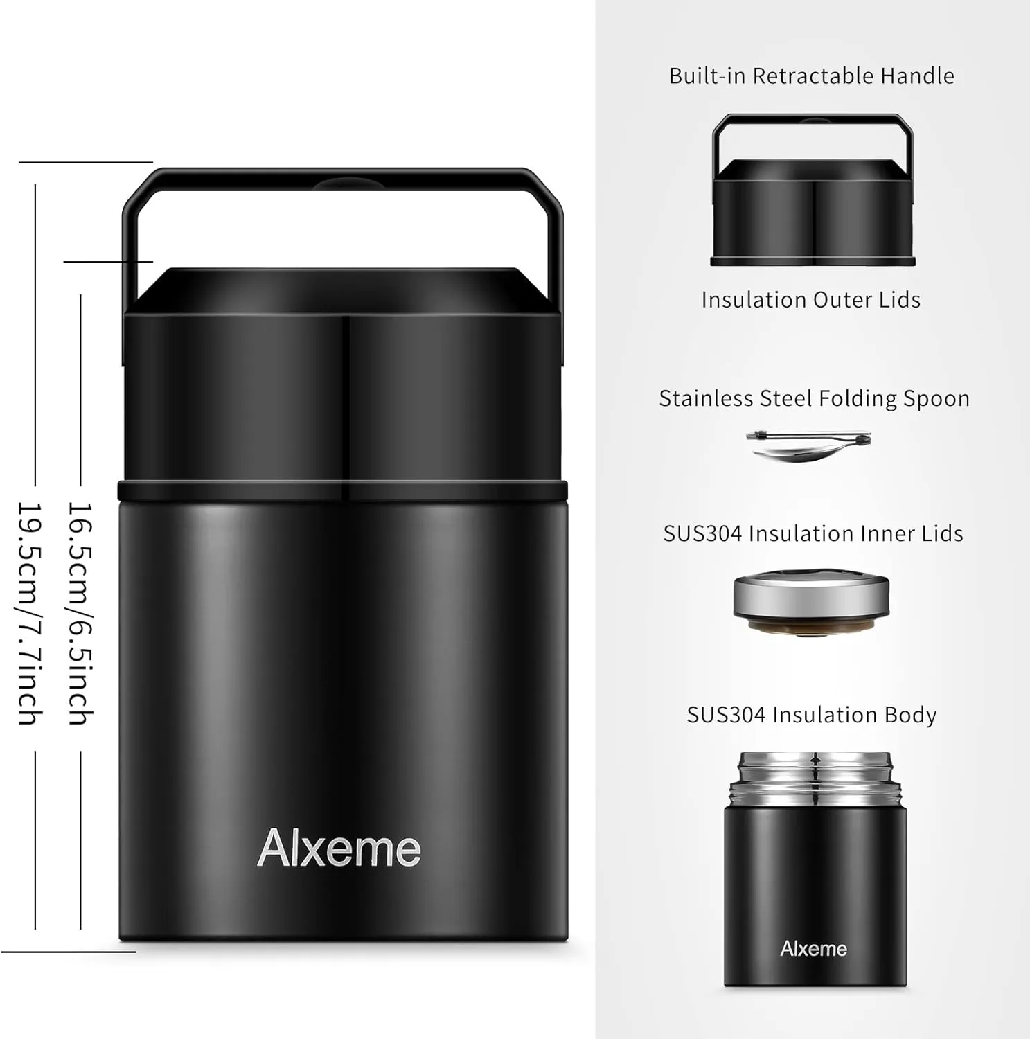 Insulated Lunch Container, 27oz Vacuum Insulated Food Jar for Kids Adult, Stainless Steel Wide Mouth Soup Container for Cold Hot Food, Leak Proof Bento Box with Spoon Flexible Handle - Black