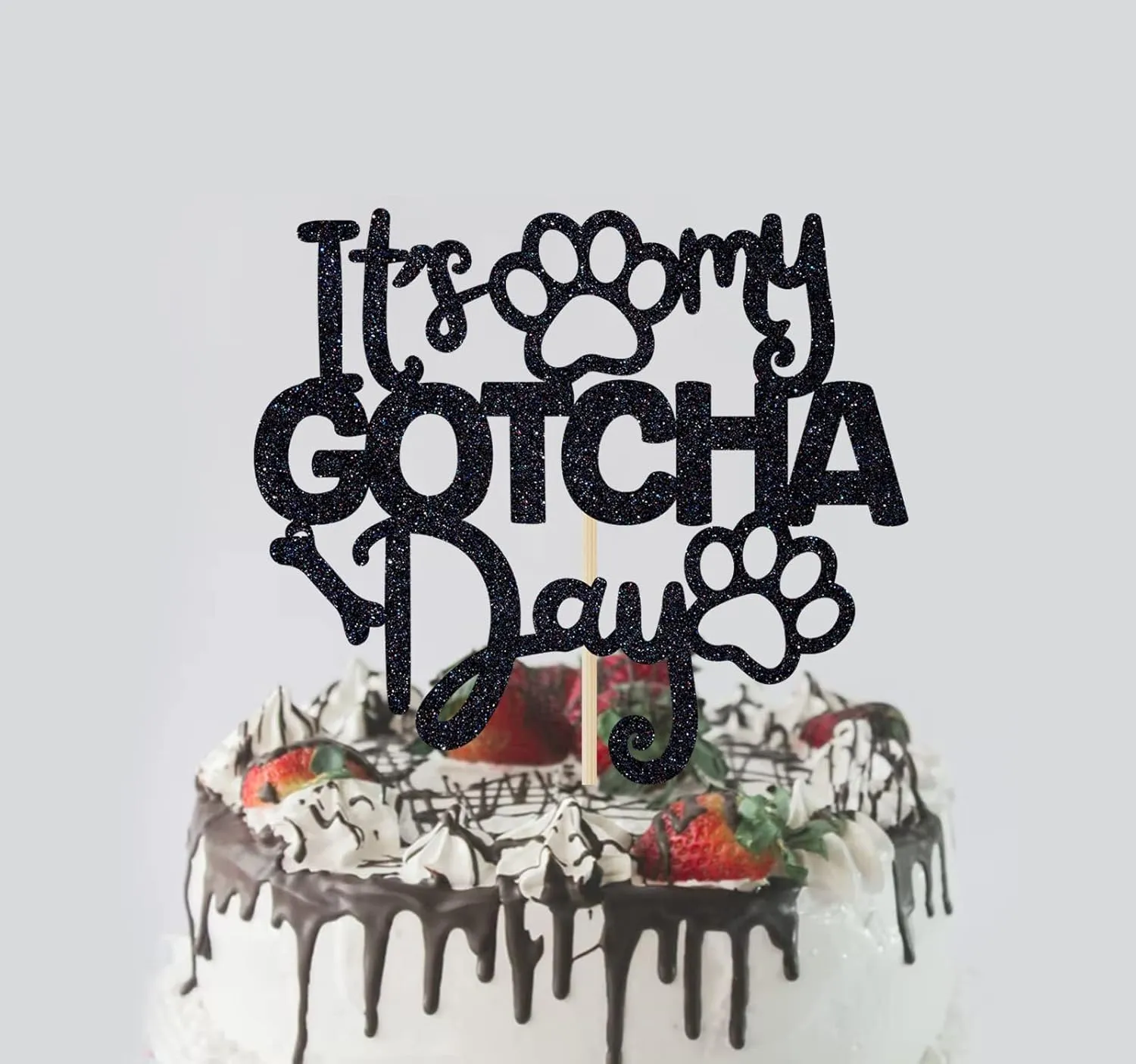 It's My Gotcha Day Cake Topper Black Glitter, Happy Gotcha Day, Pet Adoption Day Party Decorations