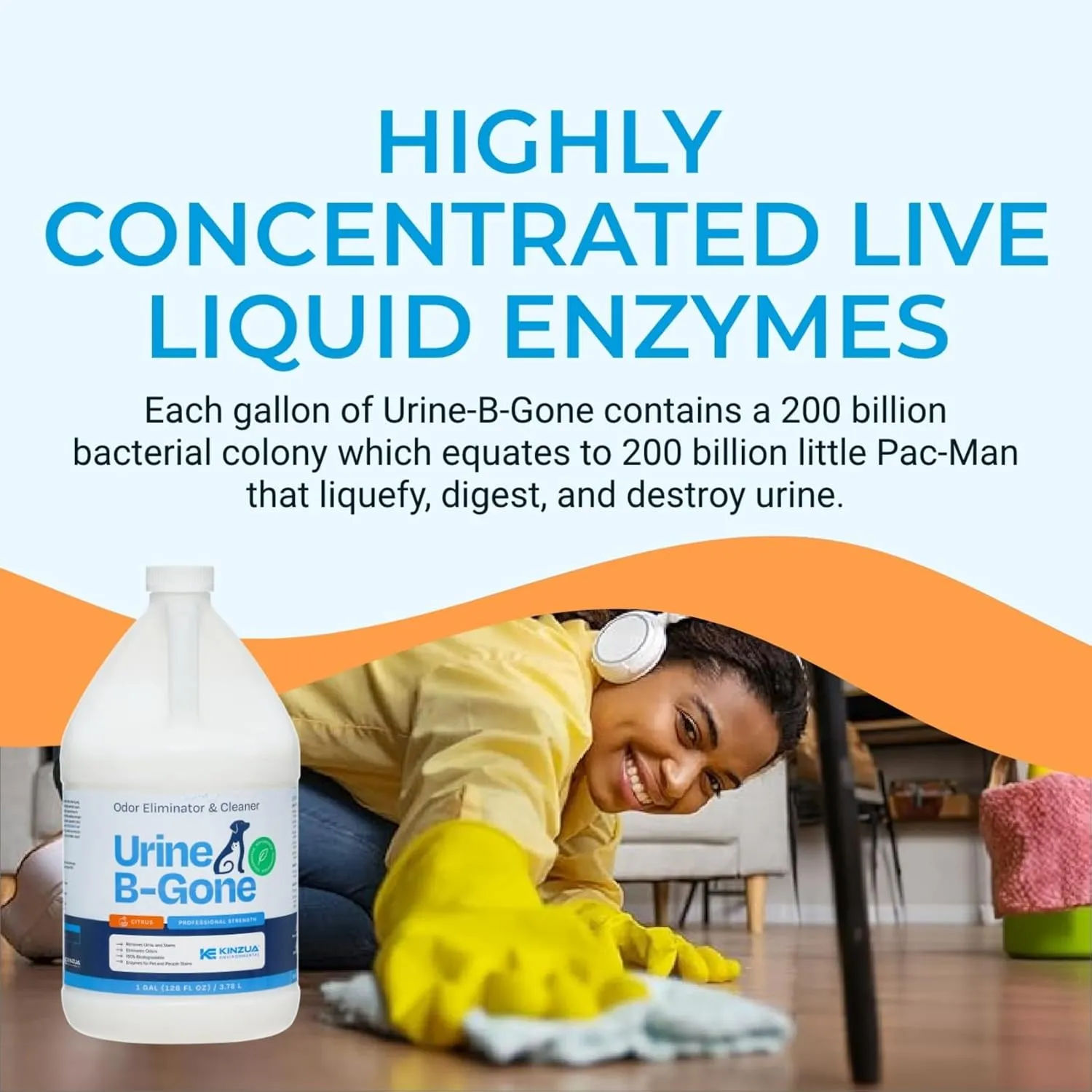 KINZUA ENVIRONMENTAL Urine B-Gone, Professional Enzyme Odor Eliminator & Pet Stain Remover, Human, Cat & Dog Urine Cleaner, Effective on Laundry, Carpets & More, Citrus Scent, 1 Gallon