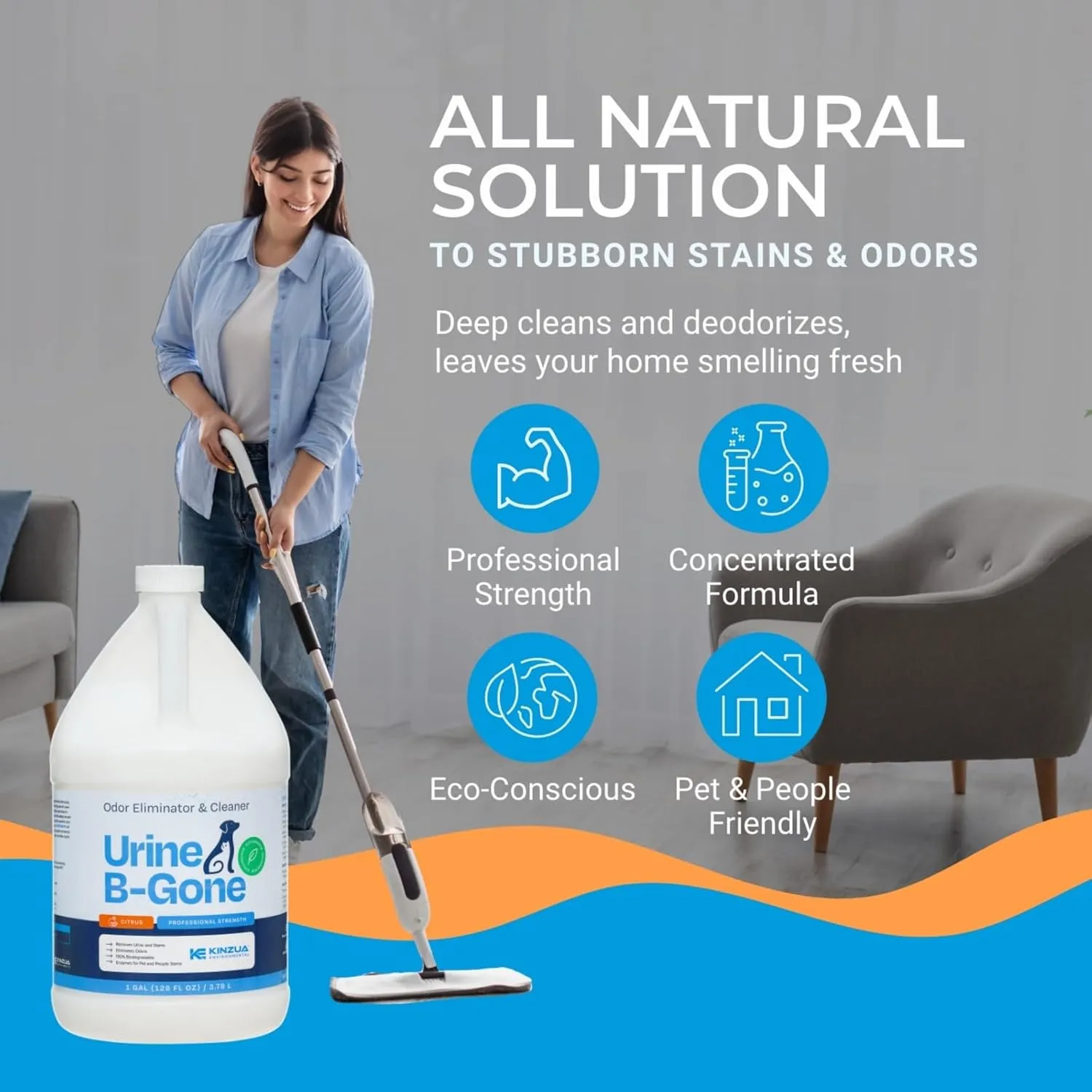 KINZUA ENVIRONMENTAL Urine B-Gone, Professional Enzyme Odor Eliminator & Pet Stain Remover, Human, Cat & Dog Urine Cleaner, Effective on Laundry, Carpets & More, Citrus Scent, 1 Gallon