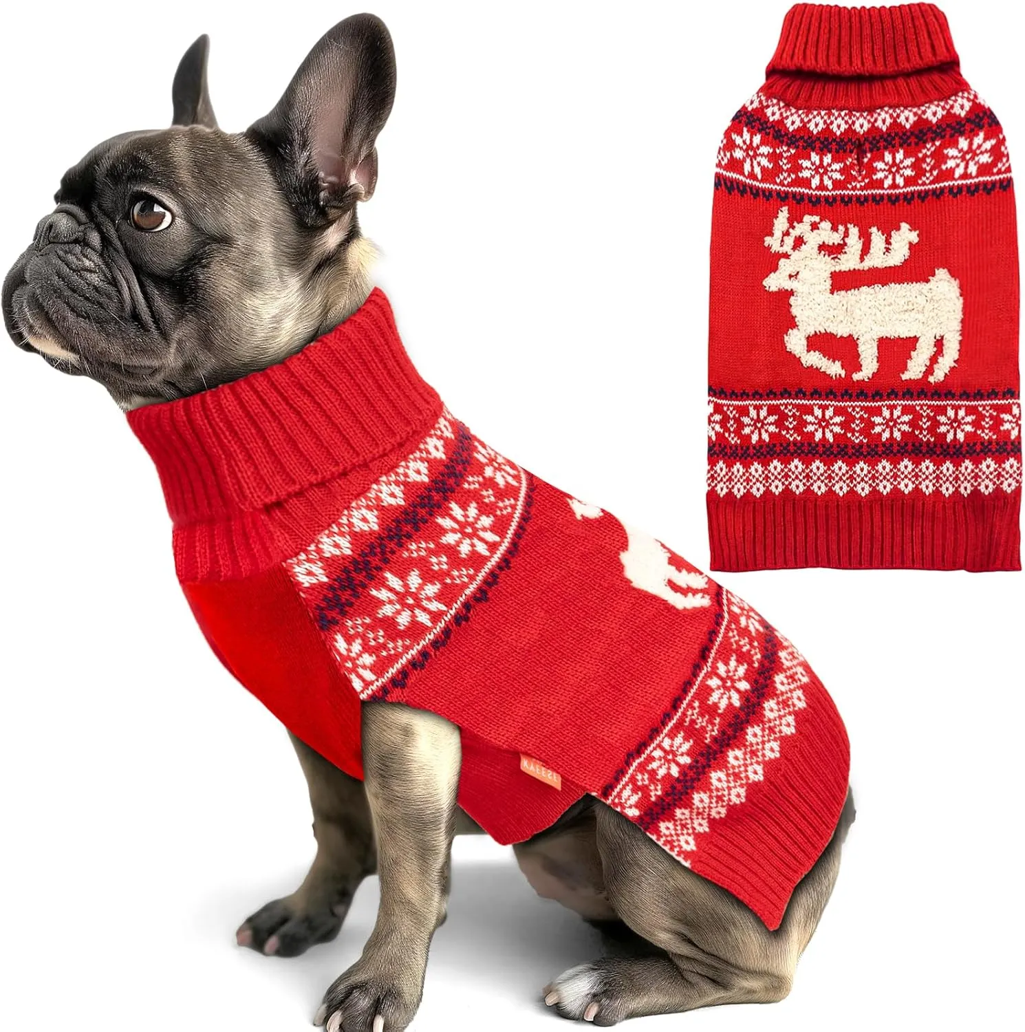 KYEESE Christmas Sweater for Small Dogs, Reindeer Outfit With Leash Hole, Turtleneck Knitwear Holiday Clothes, Reindeer, M