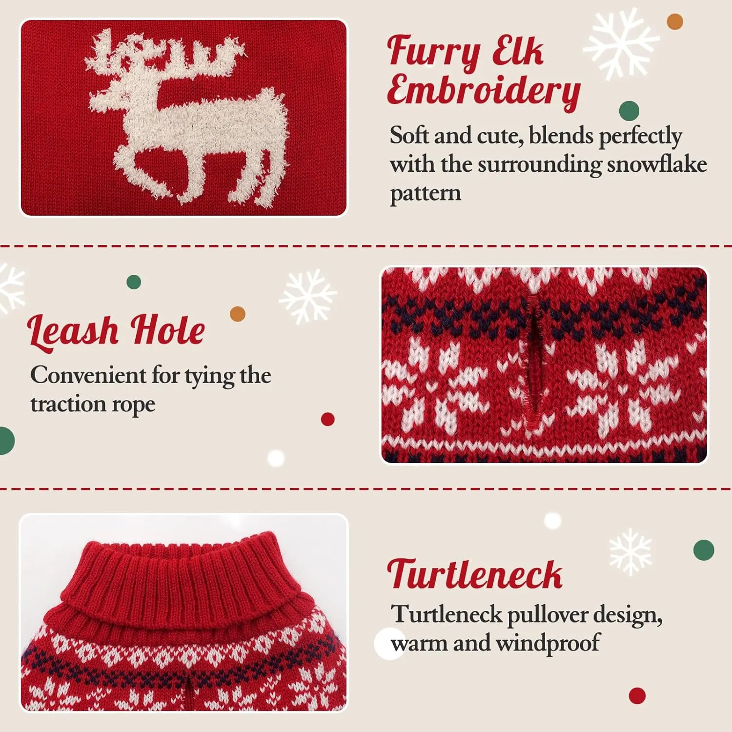 KYEESE Christmas Sweater for Small Dogs, Reindeer Outfit With Leash Hole, Turtleneck Knitwear Holiday Clothes, Reindeer, M