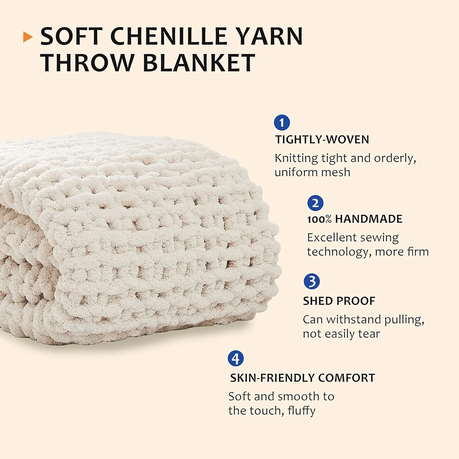L'AGRATY Chunky Knit Blanket Throw: 72''x84'' Chenille Chunky Knitted Throw Blanket for Bed Couch - Handmade Thick Big Cable Knit Blanket - Large Chunky Crochet Rope Blanket for Home Decor(Ivory)